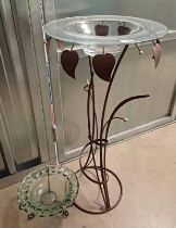 GLASS BOWL ON DECORATIVE WROUGHT METAL STAND MODELLED AFTER PLANT & SIMILAR BOWL ON STAND