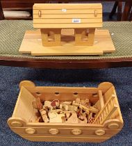 HARDWOOD MODEL ARK AND CONTENTS OF VARIOUS ANIMAL FIGURES