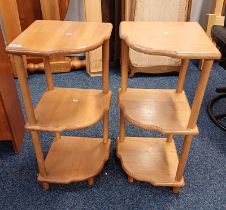 PAIR OF HARDWOOD 3 TIER WHAT-NOTS ON TURNED SUPPORTS.