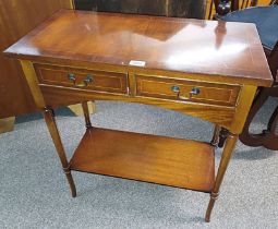INLAID MAHOGANY SIDE TABLE WITH 2 DRAWERS & UNDERSHELF ON SPLAYED SUPPORTS 76 CM TALL X 67.