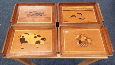 SET OF 4 HARDWOOD TRAYS WITH DECORATIVE INLAY SCENES Condition Report: All items of