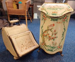 WHITE ENAMEL COAL SCUTTLE AND ENAMEL COAL BIN WITH PAINTED BIRD & FLORAL DECORATION