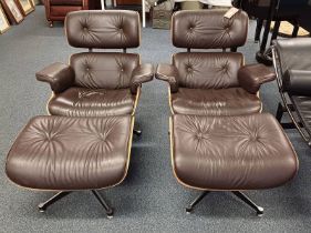 PAIR OF EAMES STYLE BROWN LEATHER & ROSEWOOD SWIVEL ARMCHAIRS & PAIR OF MATCHING STOOLS