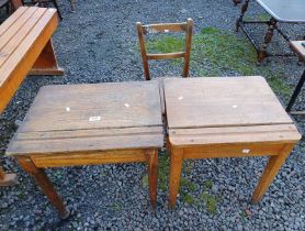 20TH CENTURY ELM CHILD'S DESK WITH LIFT TOP & ONE OTHER SIMILAR & CHILD'S ELM LADDERBACK CHAIR,.