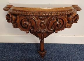 19TH CENTURY OAK DEMI-LUNE CONSOLE TABLE WITH SINGLE DRAWER & CARVED DECORATION 59 CM WIDE