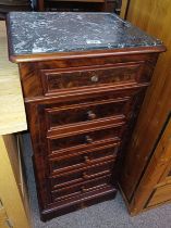 MAHOGANY PEDESTAL CHEST WITH MARBLE INSET TOP & SINGLE FRIEZE DRAWERS OVER FALL FRONT PANEL DOOR &