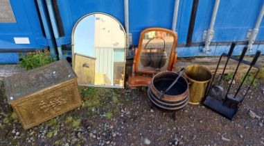 BRASS COAL BOX WITH EMBOSSED DECORATION, 3 PIECE FIRE COMPANION SET, 2 MIRRORS ETC.