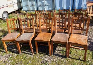 SET OF 14 ELM CHAIRS WITH CARVED MARK TO BACK ON SQUARE SUPPORTS AND VAT ON THE HAMMER