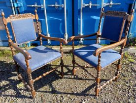 PAIR OF LATE 19TH CENTURY CARVED OAK FRAMED ARMCHAIRS WITH DECORATIVE BARLEY TWIST