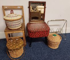 SQUARE STOOL WITH LIFT-UP TOP LABELLED SHERBORNE TO BASE, 3 LIDDED WICKER BASKETS,