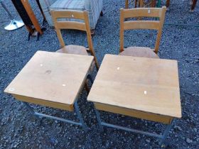 PAIR OF OAK & METAL CHILD'S DESKS & PAIR OF CHILD'S LADDER BACK SCHOOL CHAIRS & VAT ON HAMMER