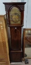 19TH CENTURY INLAID MAHOGANY GRANDFATHER CLOCK WITH BRASS DIAL SIGNED, GEORGE BOOTH,