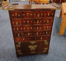 EASTERN HARDWOOD TABLE TOP MULTI-DRAWER MEDICINE STYLE CHEST WITH 2 PANEL DOORS TO BASE & BRASS