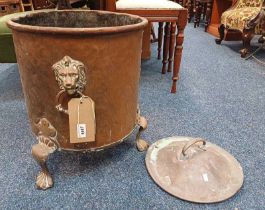 COPPER COAL BIN WITH LION MASH HANDLES ON DECORATION SUPPORTS