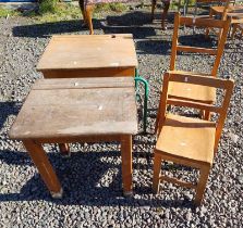 20TH CENTURY OAK & METAL CHILD'S DESK AND ONE OTHER SIMILAR & 2 CHILD'S LADDER BACK CHAIRS AND VAT