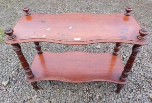 19TH CENTURY MAHOGANY 2 TIER WHAT-NOT WITH SHAPED FRONT ON TURNED SUPPORTS.