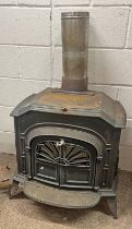 LARGE CAST IRON WOOD / LOG BURNING FIRE PLACE / STOVE WITH DOUBLE FRONT DOORS AND A FLAT TOP