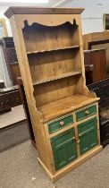 19TH CENTURY PINE KITCHEN DRESSER WITH SHELVED BACK OVER 2 DRAWERS WITH 2 PANELLED DOORS BELOW ON A