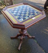 MAHOGANY OCTAGONAL GAMES TABLE WITH GLASS INSET TOP ON CENTRE PEDESTAL WITH 4 SPREADING SUPPORTS.
