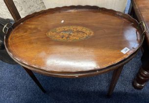 20TH CENTURY INLAID MAHOGANY OVAL TRAY WITH STAND Condition Report: The tray does