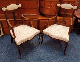 PAIR OF EARLY 20TH CENTURY MAHOGANY ARMCHAIRS WITH PIERCED & SHAPED BACKS ON LONG CABRIOLE SUPPORTS