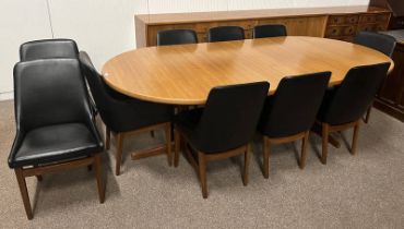 TEAK EXTENDING DINING TABLE WITH 2 EXTRA LEAVES & SET OF 10 BLACK LEATHERETTE & TEAK DINING CHAIRS,