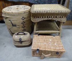 LARGE LIDDED WICKER BASKET, WICKER COFFEE TABLE & VARIOUS OTHER WICKER BASKETS.