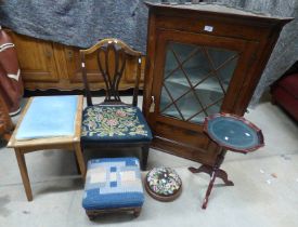 INLAID MAHOGANY WALL HANGING CORNER CABINET, 2 FOOT STOOLS, OCCASIONAL TABLE ETC.