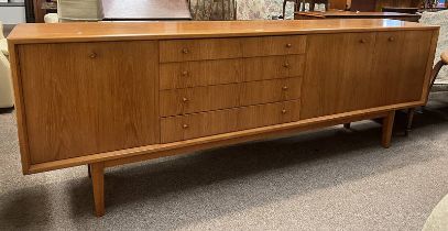 TEAK SIDEBOARD WITH 4 DRAWERS & 3 PANEL DOORS ON TAPERED SUPPORTS,