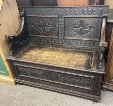LATE 19TH CENTURY CARVED OAK HALL SETTLE - 106CM WIDE