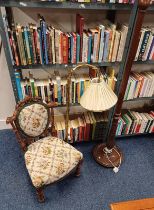 MAHOGANY STANDARD LAMP WITH REEDED COLUMN & ONE OTHER LAMP & MAHOGANY CHILD'S CHAIR WITH PADDED