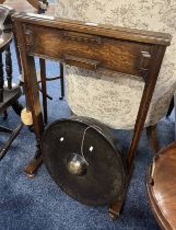 ARTS & CRAFTS STYLE BRASS GONG WITH OAK STAND,