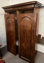 19TH CENTURY MAHOGANY 2 DOOR WARDROBE WITH FITTED INTERIOR ON PLINTH BASE,