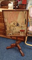 19TH CENTURY MAHOGANY POLE SCREEN WITH CLASSICAL SCENE TAPESTRY & 3 SPREADING SUPPORTS WITH PAW