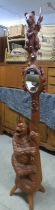 BLACK FOREST STYLE CARVED COAT STAND OF MOTHER BEAR & CUB HOLDING TREE WITH MIRROR,