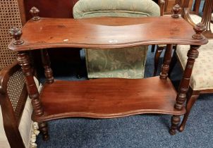 19TH CENTURY MAHOGANY 2 TIER WHAT-NOT WITH SHAPED FRONT ON TURNED SUPPORTS.
