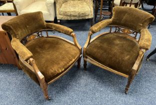 PAIR OF 19TH CENTURY ROSEWOOD ARMCHAIRS WITH INLAID PANELS & LINE INLAY TO SQUARE TAPERING SUPPORTS