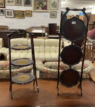 2 EARLY 20TH CENTURY MAHOGANY 3-TIER CAKESTANDS - TALLEST 98CM