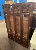 LATE 19TH/EARLY 20TH CENTURY MAHOGANY 2 DOOR GLAZED BOOKCASE OVER 2 PANEL DOORS ON A PLINTH BASE -