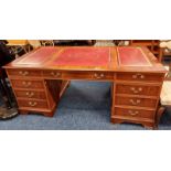 YEW WOOD TWIN PEDESTAL DESK WITH LEATHER INSET TOP & 3 FRIEZE DRAWERS OVER 2 STACKS OF 3 DRAWERS,