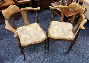 LATE 19TH CENTURY INLAID MAHOGANY CORNER CHAIR ON SQUARE TAPERED SUPPORTS & 1 OTHER SIMILAR CHAIR