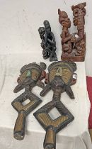 TRIBAL FIGURES & A PAIR OF TRIBAL MASKS WITH BEAD WORK TO NOSES