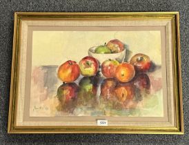 JAMES REVILLE 'APPLES' SIGNED FRAMED WATERCOLOUR 34 CM X 51 CM