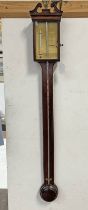 19TH CENTURY MAHOGANY STICK BAROMETER BY THOMAS WRIGHT, BRASS FACE WITH SWAN NECK,