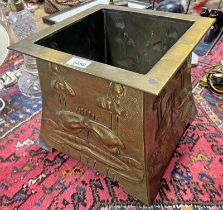 BRASS ART NOUVEAU PLANTER WITH EMBOSSED DECORATION TO ALL SIDES, 30.5 X 30.