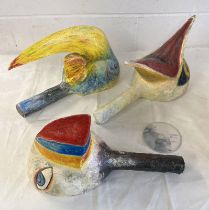 3 HAND PAINTED PAPIER MACHIE BIRDS HEAD MASKS USED IN THE MAKING OF FILM ON JOHN BELLANYS LIFE BY