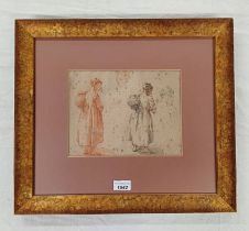 ATTRIBUTED TO ABRAHAM RUYTENSCHILDT 2 WOMEN WITH WINE FLAGONS UNSIGNED FRAMED RED CHALK &