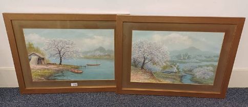 S TOSUKE, A JAPANESE FISHING VILLAGE & A JAPANESE FARMING SCENE SIGNED 2 FRAMED WATERCOLOURS,