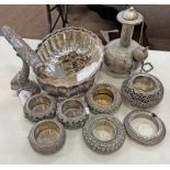 MIDDLE EASTERN WHITE METAL CIRCULAR TRAYS, WHITE METAL SCROLL STAND IN THE FORM OF A FISH,