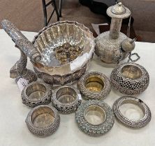 MIDDLE EASTERN WHITE METAL CIRCULAR TRAYS, WHITE METAL SCROLL STAND IN THE FORM OF A FISH,